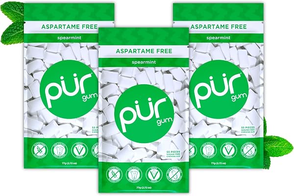 PUR Gum | Chewing-Gum Sans Sucre | Au Xylitol | Végétalien, Sans Aspartame et Sans Gluten | Gum Naturel Au Goût De Spearmint, 55 Pièces (Lot De 3)