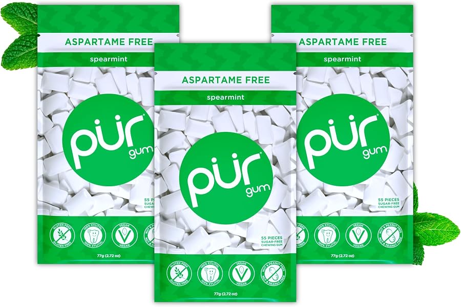 PUR Gum chicle sin azúcar con xilitol, vegano, sin aspartamo y sin gluten, sabor spearmint, 55 piezas (paquete de 3)