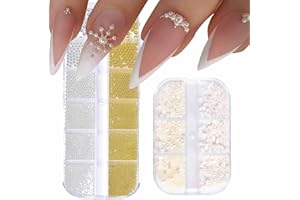 GZMAYUEN Nailart koraliki do paznokci, 0,3-3 mm, złote srebro, mini kawior, kamienie stras, białe beżowe, mini paznokcie, mikroperły, dekoracja do paznokci