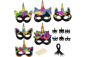 BIGKASI 24Pcs Einhorn Kratzbilder Bastelset DIY Masken Kratzpapier Unicorn Scratch Basteln mit Holzstiften und Gummiband Kreatives Bastelset für Mädchen Jungen Geschenk Kinder Geburtstag Party