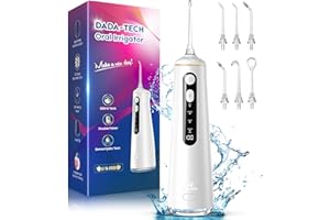 DADA-TECH Idropulsore Dentale Portatile, Water Flosser Irrigatore Dentale Professionale con 4 Modalità & 8 Livelli Regolabili 7 Ugelli e Serbatoio da 300ML Idrogetto Orale per Pulizia Denti (Bianco)