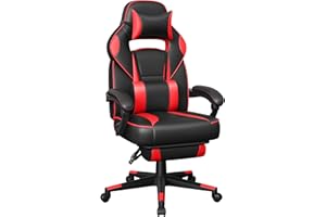 SONGMICS Fauteuil de Bureau, Chaise Gaming, RÉglable, Repose-Pieds TÉlescopique, MÉcanisme À Bascule, Appui-tÊte, Support Lombaire, Charge 150 kg, Noir d'encre et Rouge Fraise OBG73BRV1