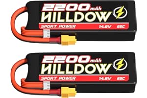 HILLDOW Lot de 2 batteries Lipo 14,8 V 4S 85 C 2200 mAh avec prise XT60 pour modèles télécommandés, avions, hélicoptères, quadricoptères, drone FPV