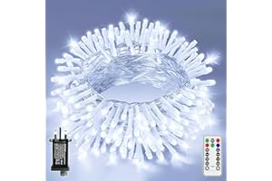 SKYELE 10m Christmas Tree Lights with 100 Cool White LEDs, Waterproof Outdoor Fairy Light with Plug Remote 8 Modes Timer Clear Cable, String Lights Mains Powered for Outside Indoor Garden Decorations