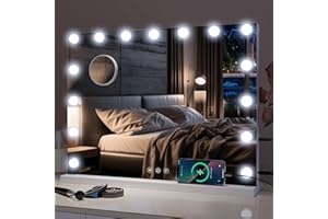 ‎YU YUSING YU YUSING Hollywood Schminkspiegel mit Beleuchtung 58x45cm, 15 LED Licht Dimmbar Kosmetikspiegel 3 Modi, Vanity Spiegel Tischspiegel Wandspiegel mit USB 10X Vergrößerung für Schlafzimmer Schminktisch