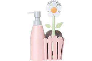 Vigar - Set Fregadero - Pack Soporte, Cepillo Lavaplatos, Esponja - ‎7 x 14 x 26.5 cm - Flower Power - Con Dispensador - Bandeja de 3 Piezas - Rosa