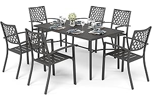 PHI VILLA Gartenmöbel Set Metall 6 stühle mit Tisch Wetterfest E-Coating Rechteckiger Metall-Esstisch mit Stapelbare Stühle Terrassenmöbel Set Balkon Outdoor Bistro Möbel Sets Schwarz