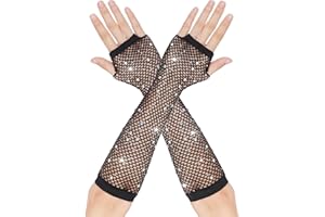 DIVINA VITAE Fishnet Rhinestone Fingerless Gloves - 80s Fashion Arm Sleeves Sparkly Mesh Gloves for Women & Kids