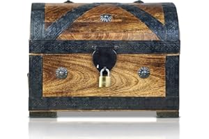 BRYNNBERG Rolas Trading LargeThunderdog Pirate Treasure Chest Storage Box - Durable Handcrafted Wooden Treasure Chest - Unique Vintage Decorative Wood Storage Box - Includes a Padlock - Brown, 28 x 20 x 20 cm