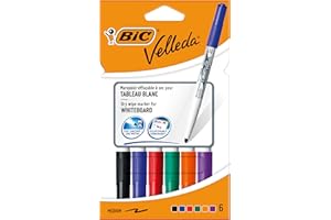 BIC Velleda 1741 Feutres pour Tableau Blanc Effaçables à Sec (Parfait pour l'Ecole et au Bureau / Pointe Conique Moyenne) - Couleurs Assorties, Pochette de 6