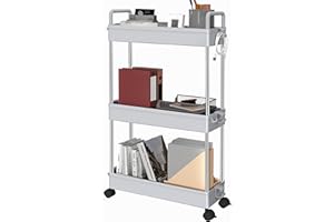 Ronlap 3 Tier Storage Trolley, Narrow Mobile Shelving Unit with Handle Hook Lock Wheels, Thin Rolling Utility Cart Slide Out Skinny Storage Organizer Tower for Kitchen Bathroom Laundry Room, Grey