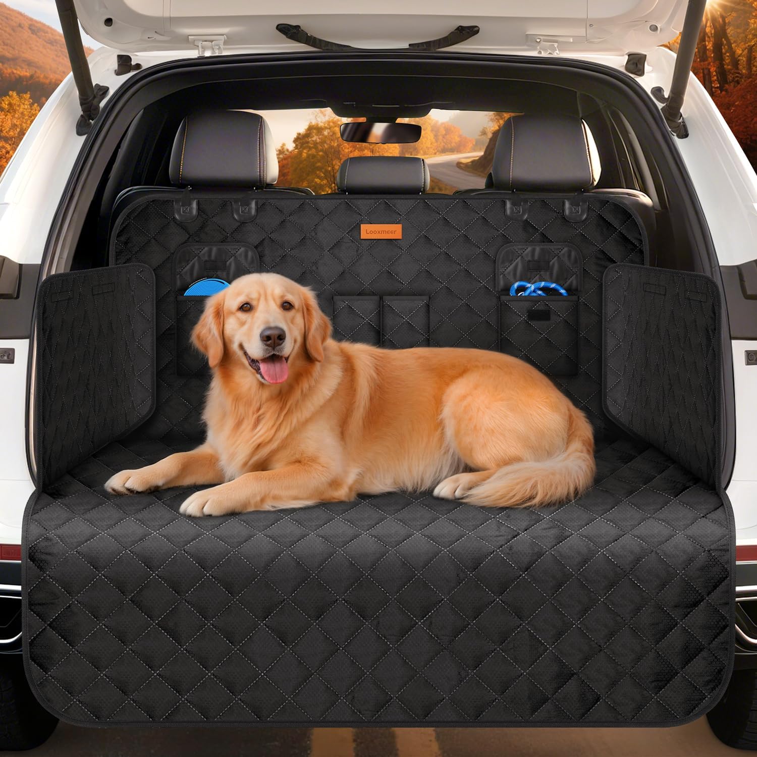 Looxmeer Protection Coffre Voiture Chien, Imperméable et Antidérapante, avec 4 Poches et Protection Latérale, Protection Coffre Chien Facile à Nettoyer pour Voitures, SUV et Camion 180X102 cm, Noir