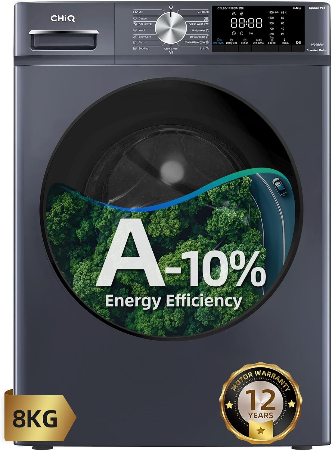CHiQ CFL80-14586IM3XAU, Front Load Washing Machine 8kg,Space Pro, Counter Depth, Large Drum, Stable Inverter Motor