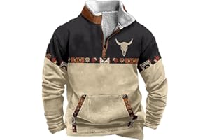 DUHENWU Pull en polaire pour homme - Imprimé Cowboy Bull Head - Fermeture éclair 1/4 - Col montant - Manches longues - Confortable - Vintage - Coupe ajustée - Chaud - Sans capuche