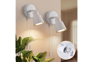 TaFiCo 2 Pack White Wall Lights with Pull Cord Switch GU10 - Modern Pull Cord Light Switch 350° Rotatable - 50W Indoor Wall Sconce Lights for Bedroom Bedside Living Room Kitchen - Bulb Not Included