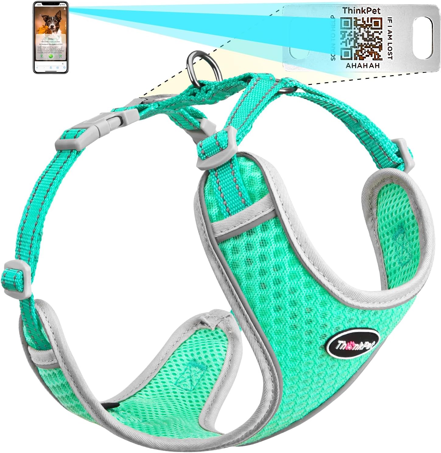 ThinkPet Arnés Reflectante Transpirable de Malla de Aire Suave con código QR para Perro, sin estrangulamiento, Chaleco para Cachorros, Perros pequeños y medianos, Gatos pequeños, Color Verde Azulado