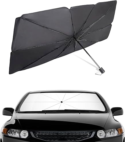 Ombrello Parasole Per Auto - 140x74 Cm, Protezione UV, Rotazione 360°, Per Parabrezza, Argento/Nero - Foto 1