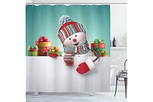 ABAKUHAUS, Boże Narodzenie, Zasłona prysznicowa, 3 wymiarowy projekt Snowman z szalikiem i kapeluszem Ozdobny Boxes Ilustracja, Wielobarwność, 175cm x 200cm