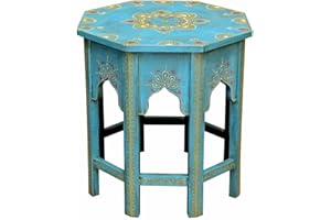 Casa Moro Stolik do herbaty stolik pomocniczy kolorowe drewno "Saada niebieski M" marokański orientalny styl akcent vintage meble ręcznie malowane MA32-47-C-M
