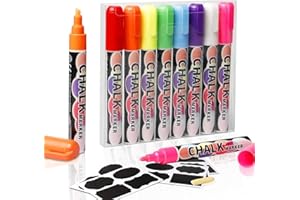 ABEIER Chalk Pens,8 Bright Colors Liquid Chalk Pens,6mm Reversible Nib Chalk Markers with 52 Jar Labels, Wet Erase Chalk Marker Pens for Glass, Window and Non-Porous Blackboards