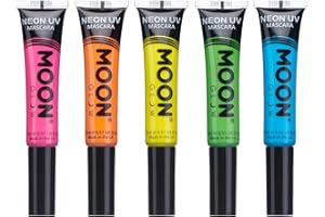 Moon Glow Máscara de pestañas UV neón - Color neón brillante, brilla bajo luz UV | Maquillaje neón Naranja,Azul,Verde,Rosa 15 ml (Paquete de 5)