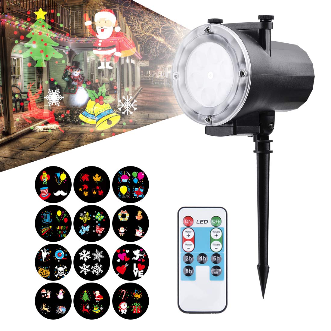 Holiday-Projector-Viugreum-LED-Christmas-Lights-2018-Latest-Super-Bright-12-Slides-LED-Landscape-Lights-con-proyector-de-control-remoto-Show-de-luces-para-Halloween-Christmas-Holiday-Party