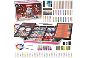 KINSPORY Maletin Pinturas para Niños, 139 piezas Juegos de Dibujo, Acuarelas Lapices con caja de madera (Rojo)