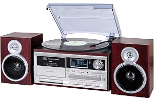 Trevi TT 1072 DAB Giradischi Vintage 25W Tre Velocità (33, 45, 78 Giri) con CD, USB, AUX-IN, Cassette e Radio Digitale, Impianto Stereo All-in-One con Funzione Encoding e Presa Cuffia, Legno