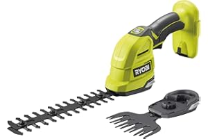 Ryobi Nożyce do Żywopłotu i Trawy 18V, RY18GSA-0, Kompaktowe Nożyce, 2w1, Ostrze do Krzewów 20 cm, Ostrze do Trawy 10 cm, Beznarzędziowa Wymiana Ostrzy, Wersja bez Akumulatora i Ładowarki
