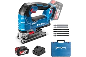 Dong Cheng Akku-Stichsäge 18V Bürstenlos, Pendelhub 800-3500 SPM, 0-45° Gehrung, 6-Stufen, Mit Dual-LED, Staubbläser, 4Ah Akku, Ladegerät, 6 Sägeblättern & Koffer