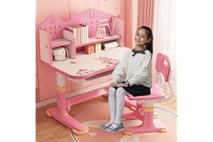 OSKOPWRC Ensemble Bureau et Chaise pour Enfants, Bureau d'étude réglable en Hauteur avec Support à Livres et tiroir, Table d'étude pour la Maison, l'école, garçons et Filles, Rose