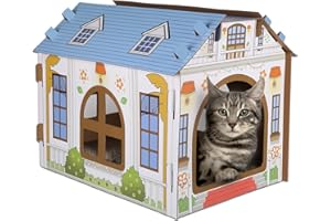 SEKAM Maison en carton pour chat avec griffoir herbe à chat (415 cm (L) x 305 cm (l) x 33 cm (H) Maison de jeu pour chat d'intérieur Jouet à gratter pour chat Cachette pour chat d'anniversaire