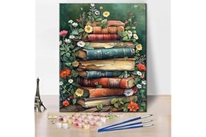 TISHIRON Malowanie według liczb dla dorosłych początkujących, Światowy Dzień Książki Motyw: antyczny stos książek z dzikimi kwiatami - bibliofilia dekoracja ścienna do dekoracji ściany domu 40 x 50 cm
