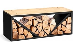 DanDiBo Kaminholzregal Innen mit Sitzbank Bank Metall Schwarz 96602 Brennholzregal Holzaufbewahrung Kaminholzständer Feuerholzregal