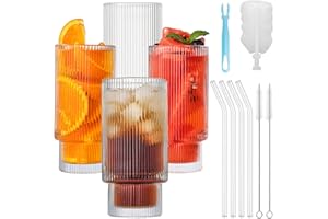 MAMIDDLE 4 Piezas Vasos de Cóctel con Pajita de Vidrio 350ml/11.8oz Vasos Largos para Cócteles, Whisky, Cerveza, Café Helado, Refrescos, Zumos (Acanalado)