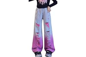 Maeau Kids Jeans Elastic Waist Girls Wide Leg Ripped Jeans Washed Denim Baggy Jean Trousers with Pockets 5-14 Years