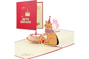 AOZUO AOUZO Karta wyskakująca Urodziny, zabawna karta urodzinowa 3D Kot Wszystkiego najlepszego z okazji urodzin Karta wyskakująca z kotem dla kobiet Mężczyźni dla miłośników kotów (czerwona)