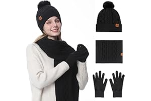 Oneshlee Mütze, Schal & Handschuh-Sets Für Damen 3 In 1, Stricmütze Mit Bommel Damen, Flauschige Und Warme Touchscreen Handschuhe, Strickschal Strickhandschuhe Beanie Wintermütze Wärmer Pudelmütze