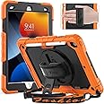 Timecity New iPad 7th Generation Case (iPad 10.2 Case 2019) with Screen Protector Pencil Holder Rotating Kickstand Hand/Shoulder Strap.Rugged Durable Protective Cover for iPad 10.2 inch-Black+Orange
