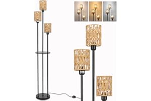 Winverty Rattan Boho Floor Lamp Living Room with Shelf, 3-Bulb Retro Floor Lamp with Rattan Lampshade & Foot Switch, Vintage Industrial Floor Lamp E27 for Bedroom Office, Height 166 cm