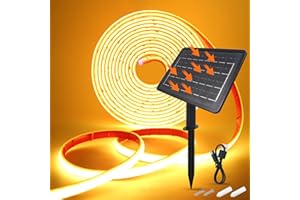 HEGEHE 24V Solar COB Neón Tira, 8 Modos al aire libre IP68 cadena de luces autoadhesivas, Tira de luz solar Cuttable 5cm, 320LEDs/m Super brillante COB Neon LED tira para Garten (Blanco Cálido，10m)