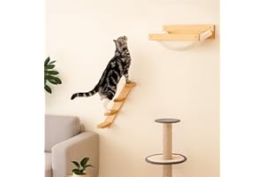 Toemics Cat Hammock and Climbing Shelf Wall Mounted Wooden Four Step Cat Stairway with Jute Scratching for Sleeping, Playing, Climbing, Lounging