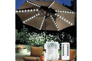 DINOWIN Lampes de parasol de jardin à batterie 104 LED étanche chaîne lumineuse 8 modes lumière parasol extérieur télécommande (Blanc)