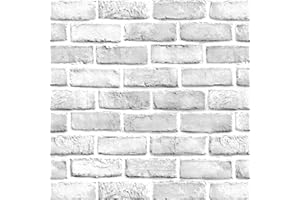 Shackcom Papier Peint Vintage Autocollant Mural Effet Brique Blanc et Gris Rouleau de Papier Décoratif Imitation Pierre Auto-Adhésif Imperméable 44.5x600cm pour Cuisine Chambre Salon Toilette