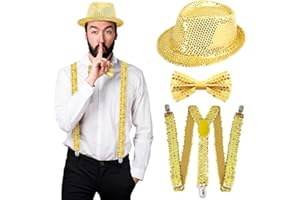 Meleager 70s Disco Accessoires de déguisement pour Homme, Chapeau Paillettes avec Nœud Papillon Bretelles, Déguisement pour avec Paillettes pour Soirées Rave, Spectacles de Jazz，Hip-hop, Danse