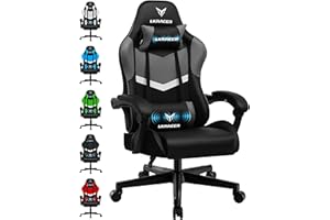 LUCKRACER Gaming Chair, Massage Ergonomic Computer Chair Lumbar Support High Back Height Adjustable Gaming Chair with 360°-Swivel Seat and Headrest for Home Office, Grey