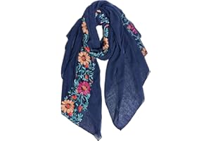 DAMILY Foulard Femme Imprimé Brodé Floral Echarpe Légère à Fleurs Etole Châle en Coton