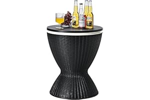 CASART 30L Rattan Effect Ice Bucket, Height Adjustable Bar Beer Cooler Table, Outdoor Coffee Cocktail Table Round Stool for Garden, Patio, Party, Deck and Pool (Black)