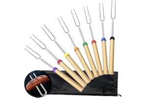 PUBIAO Barbecue Forks, Set of 8 Marshmallow Roasting Sticks Extendable 32 Inch Telescoping Stainless Steel Fire Pit Fork with Wooden Handle for BBQ Camping Campfire Party Picnic Fireplace