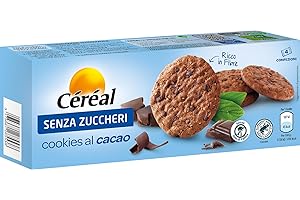 Céréal Senza Zuccheri, Cookies al cacao, Deliziosi biscotti senza zucchero al cioccolato, Snack goloso ricco in fibre, Ridotto impatto sulla glicemia, Pack con 4 confezioni di biscotti, 130g